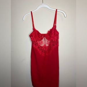 womens red lace see through front dress!